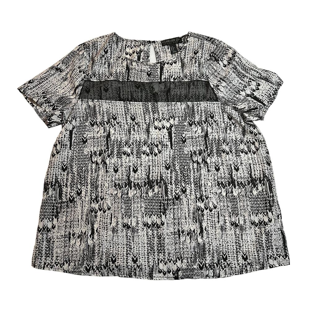 Forever 21 + Crewneck Abstract Print Blouse w/ Mesh Trim Size X-Large Neutral